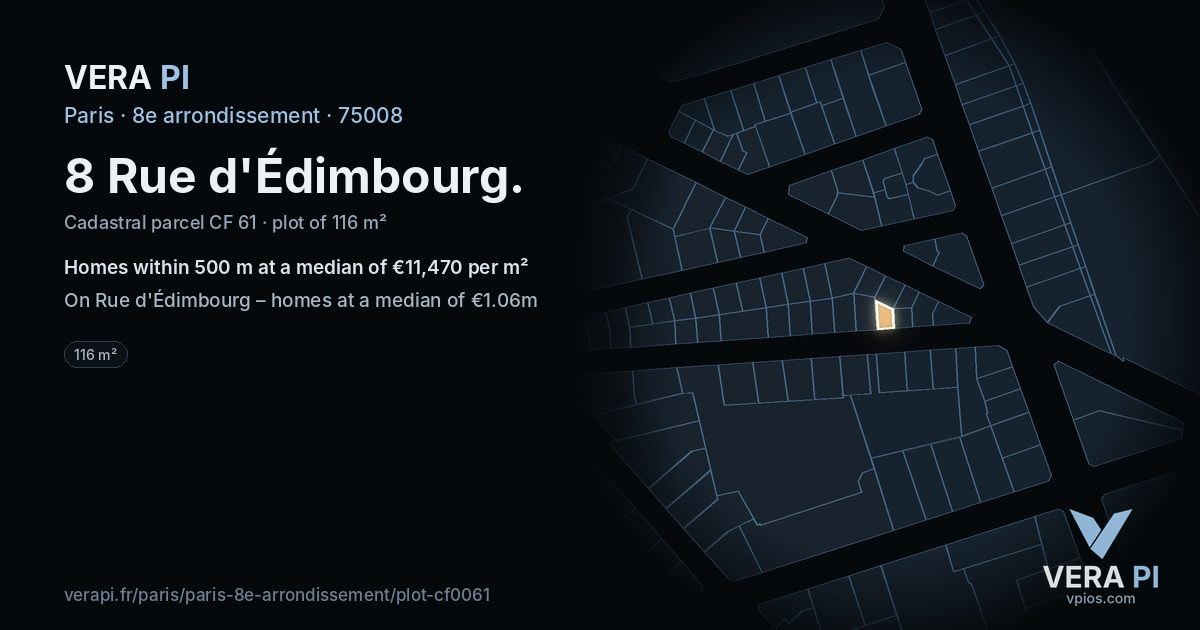 8 Rue d'Édimbourg, 8e arrondissement at night – the plot lit, the parcels around coloured by the prices near them