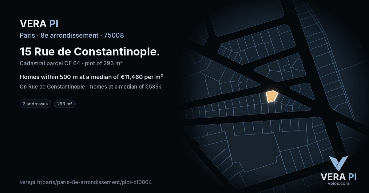 15 Rue de Constantinople, 8e arrondissement at night – the plot lit, the parcels around coloured by the prices near them