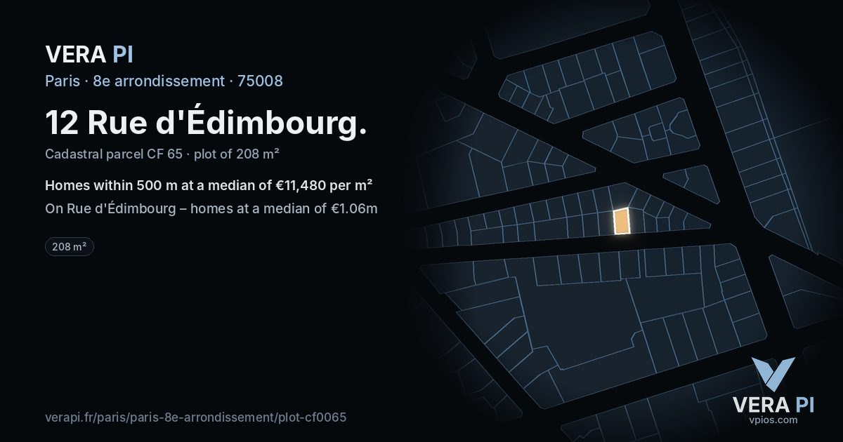 12 Rue d'Édimbourg, 8e arrondissement at night – the plot lit, the parcels around coloured by the prices near them