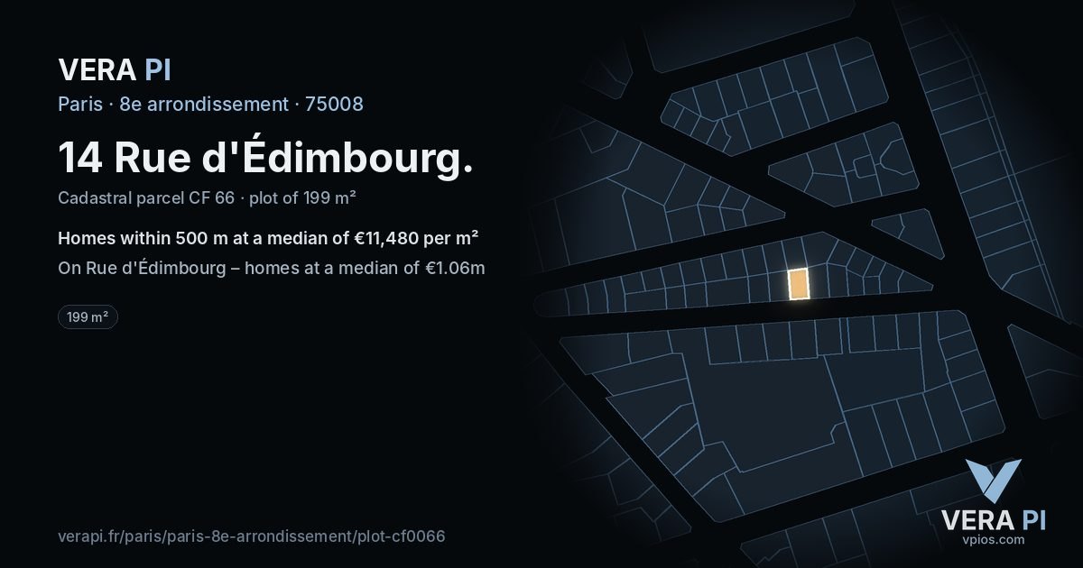 14 Rue d'Édimbourg, 8e arrondissement at night – the plot lit, the parcels around coloured by the prices near them