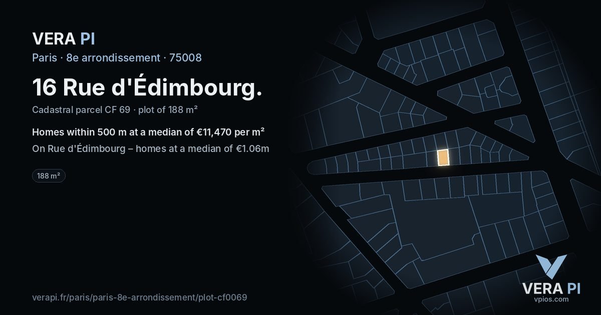16 Rue d'Édimbourg, 8e arrondissement at night – the plot lit, the parcels around coloured by the prices near them