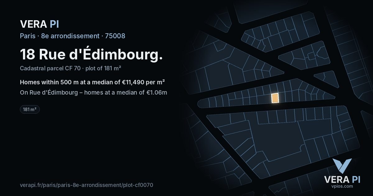 18 Rue d'Édimbourg, 8e arrondissement at night – the plot lit, the parcels around coloured by the prices near them