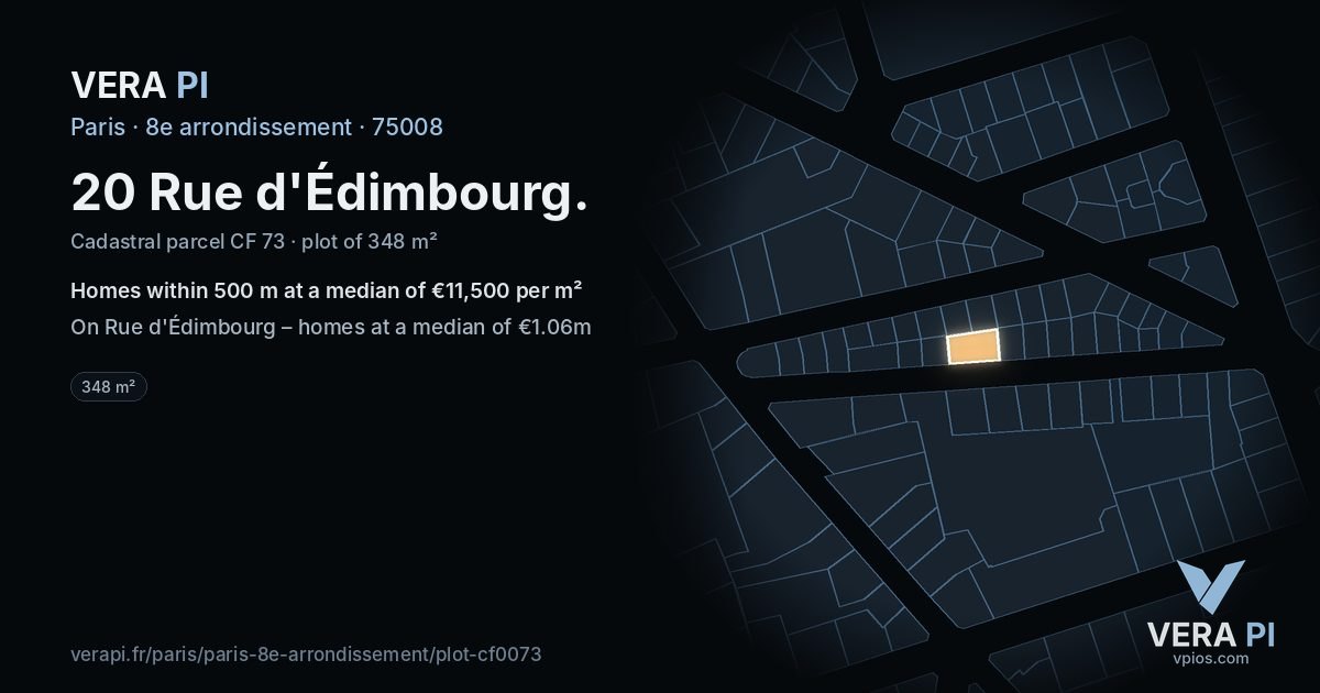 20 Rue d'Édimbourg, 8e arrondissement at night – the plot lit, the parcels around coloured by the prices near them