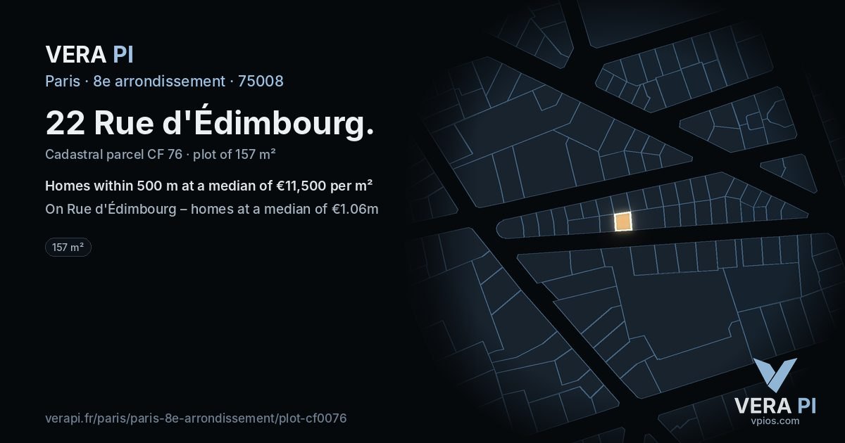 22 Rue d'Édimbourg, 8e arrondissement at night – the plot lit, the parcels around coloured by the prices near them
