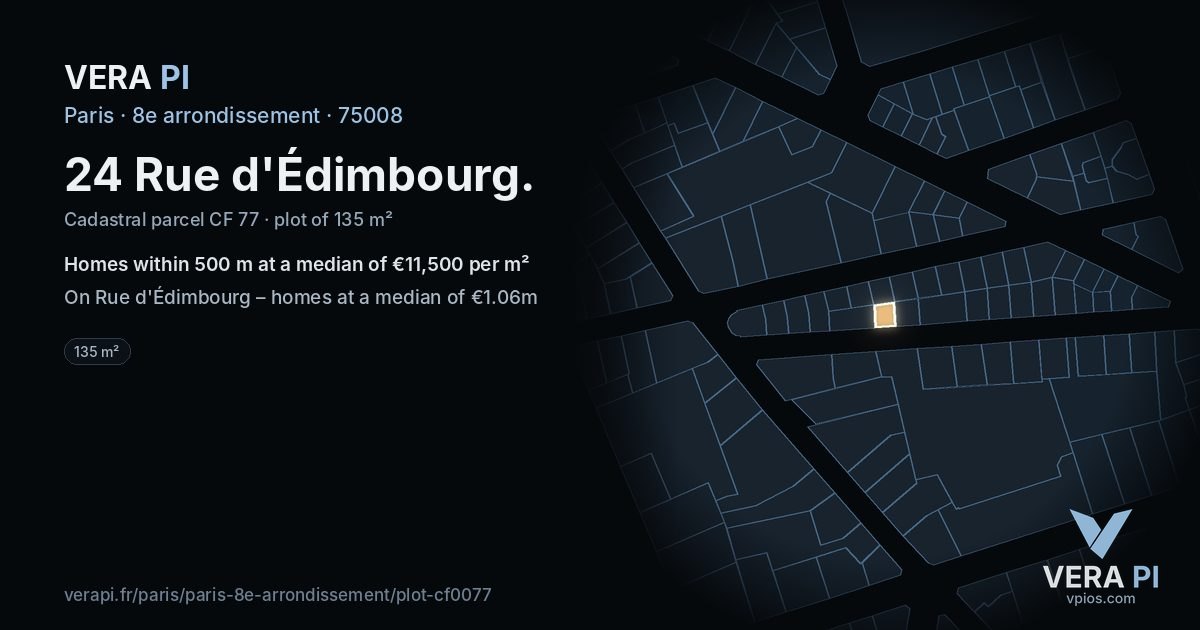 24 Rue d'Édimbourg, 8e arrondissement at night – the plot lit, the parcels around coloured by the prices near them