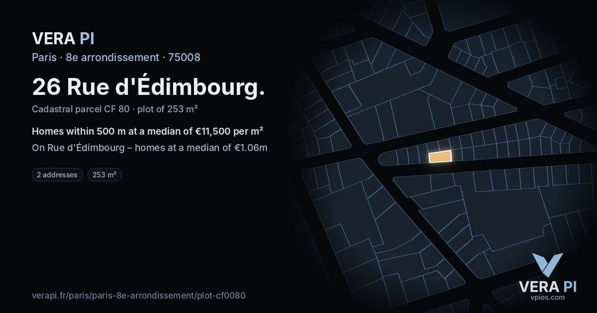 26 Rue d'Édimbourg, 8e arrondissement at night – the plot lit, the parcels around coloured by the prices near them