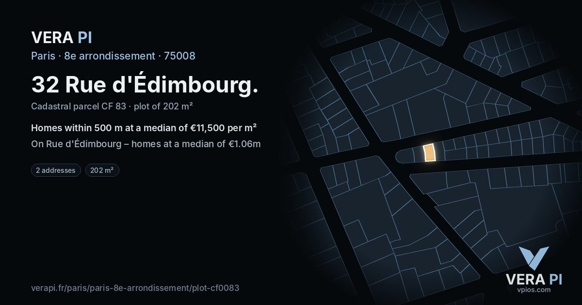 32 Rue d'Édimbourg, 8e arrondissement at night – the plot lit, the parcels around coloured by the prices near them