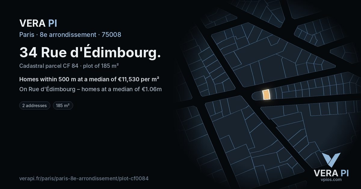 34 Rue d'Édimbourg, 8e arrondissement at night – the plot lit, the parcels around coloured by the prices near them