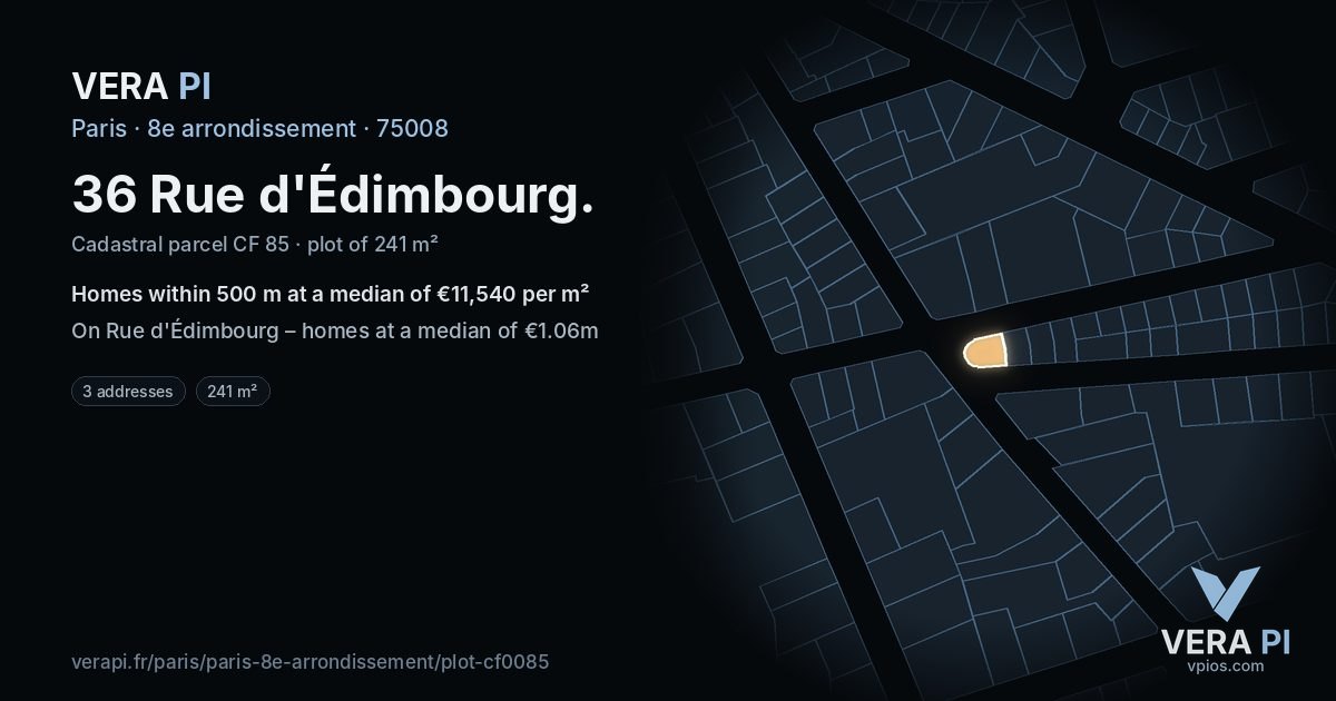 36 Rue d'Édimbourg, 8e arrondissement at night – the plot lit, the parcels around coloured by the prices near them