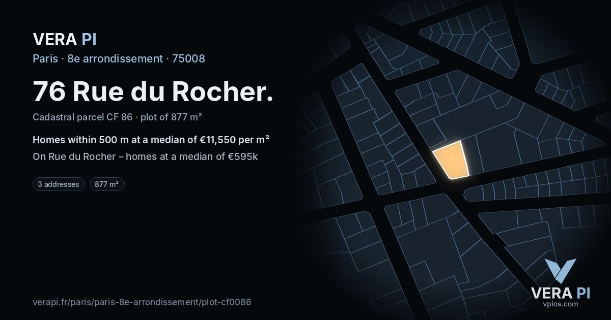 76 Rue du Rocher, 8e arrondissement at night – the plot lit, the parcels around coloured by the prices near them