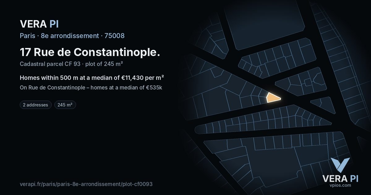 17 Rue de Constantinople, 8e arrondissement at night – the plot lit, the parcels around coloured by the prices near them