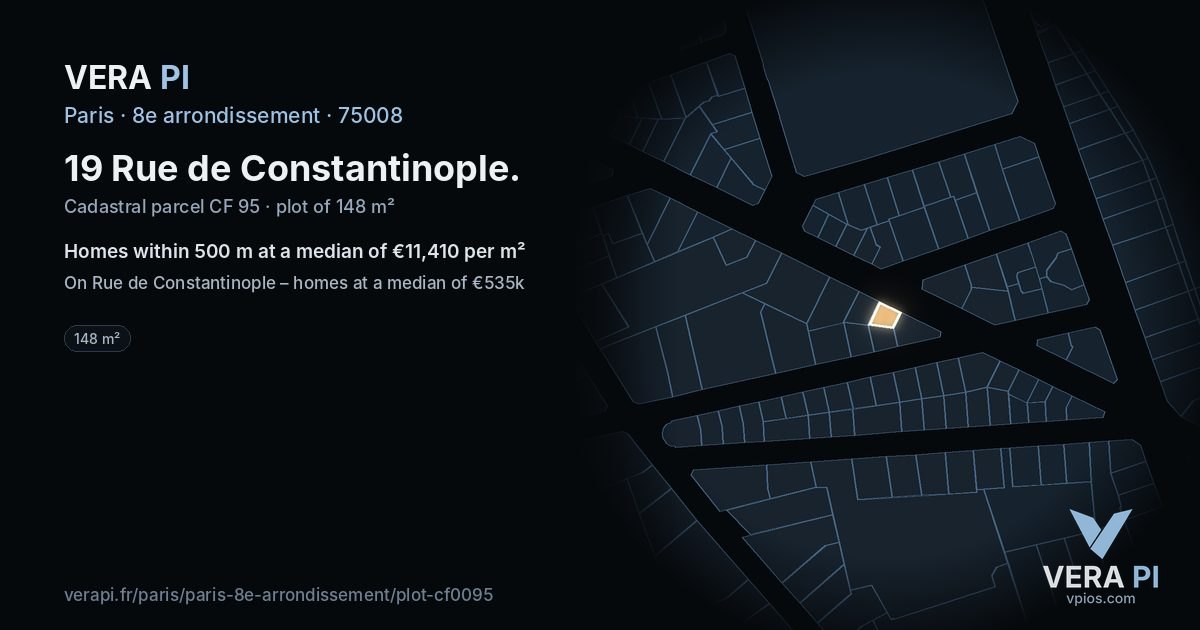 19 Rue de Constantinople, 8e arrondissement at night – the plot lit, the parcels around coloured by the prices near them
