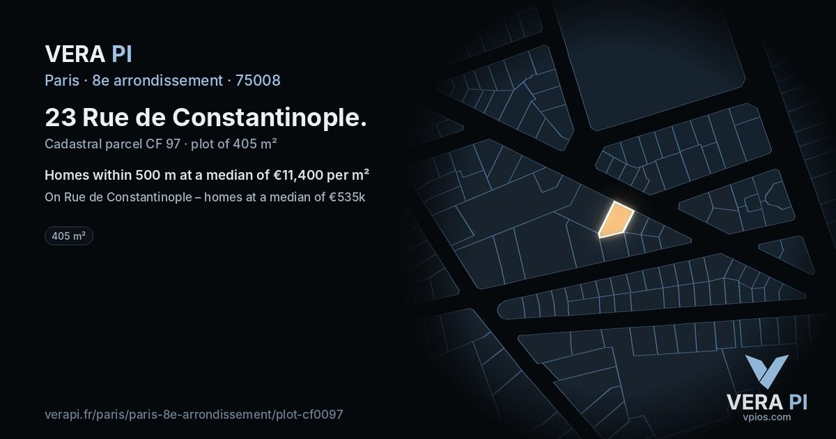 23 Rue de Constantinople, 8e arrondissement at night – the plot lit, the parcels around coloured by the prices near them