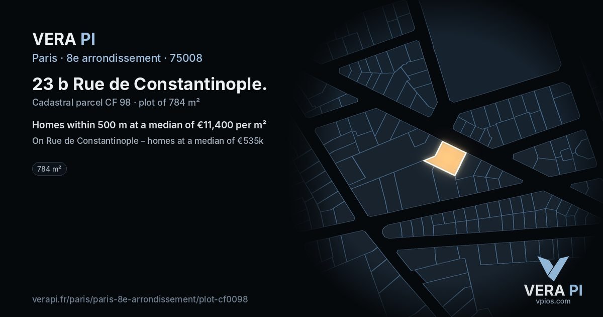 23 b Rue de Constantinople, 8e arrondissement at night – the plot lit, the parcels around coloured by the prices near them
