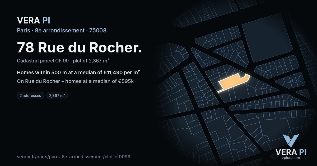 78 Rue du Rocher, 8e arrondissement at night – the plot lit, the parcels around coloured by the prices near them