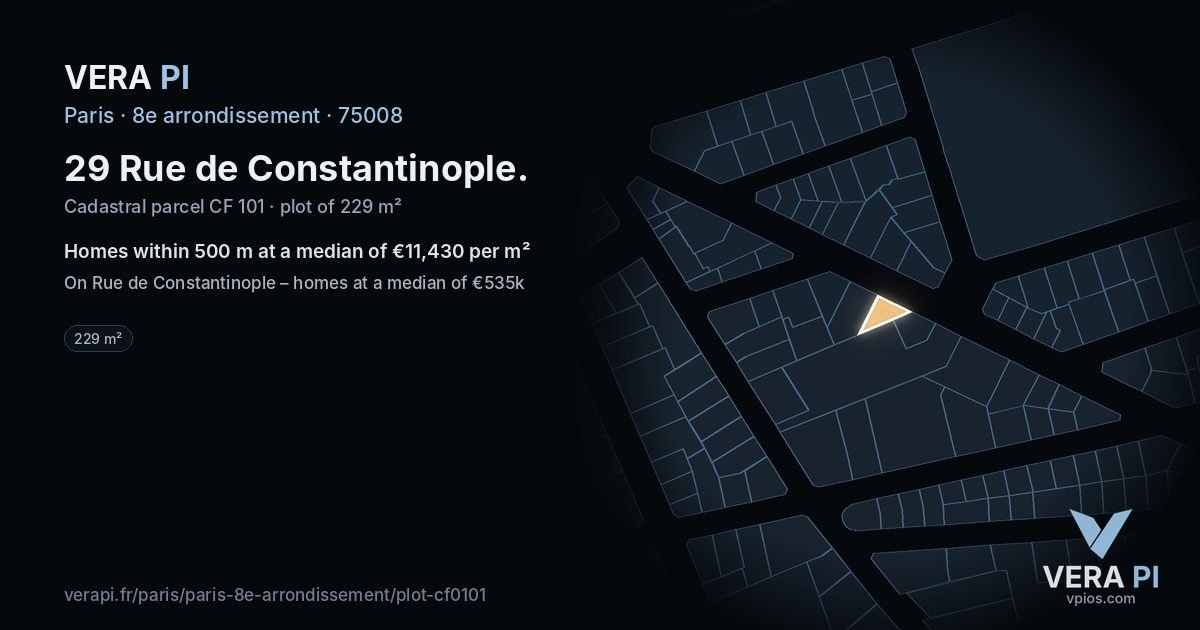 29 Rue de Constantinople, 8e arrondissement at night – the plot lit, the parcels around coloured by the prices near them