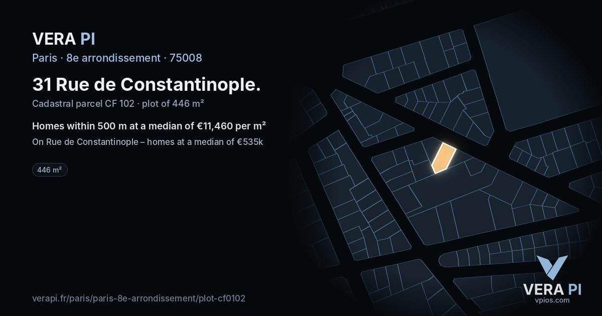 31 Rue de Constantinople, 8e arrondissement at night – the plot lit, the parcels around coloured by the prices near them