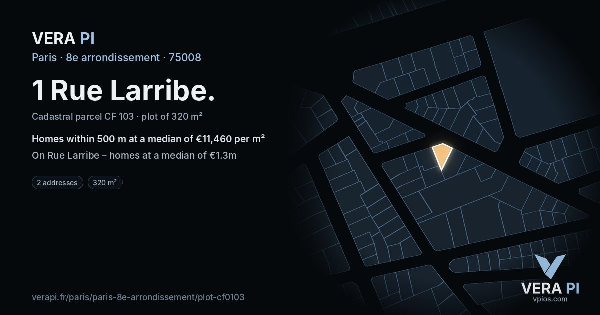 1 Rue Larribe, 8e arrondissement at night – the plot lit, the parcels around coloured by the prices near them