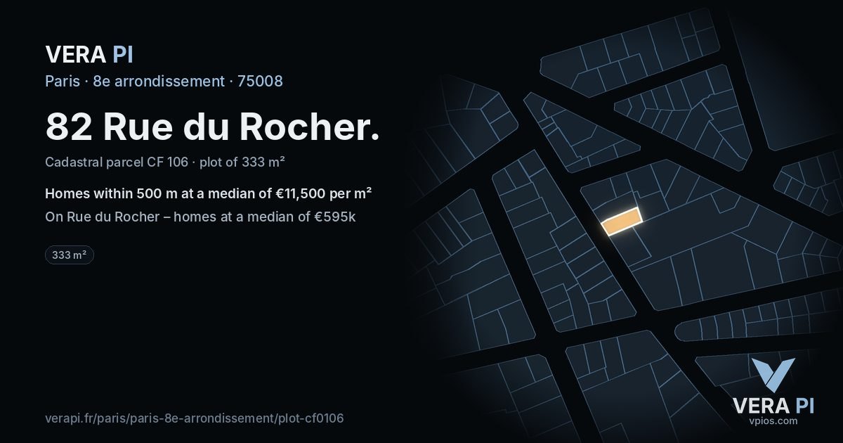 82 Rue du Rocher, 8e arrondissement at night – the plot lit, the parcels around coloured by the prices near them