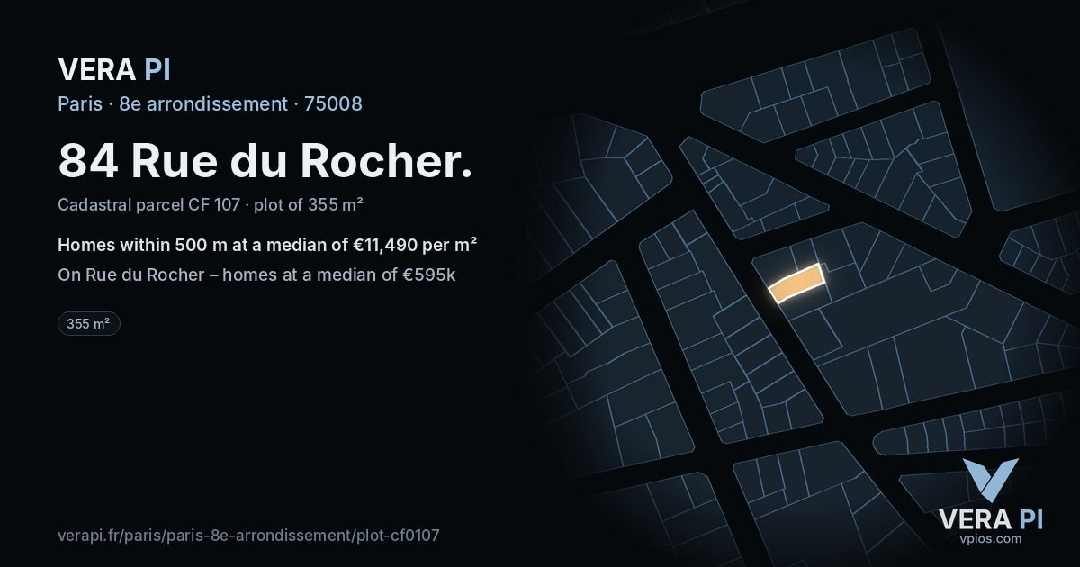 84 Rue du Rocher, 8e arrondissement at night – the plot lit, the parcels around coloured by the prices near them