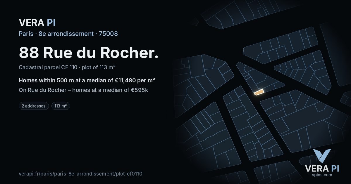 88 Rue du Rocher, 8e arrondissement at night – the plot lit, the parcels around coloured by the prices near them