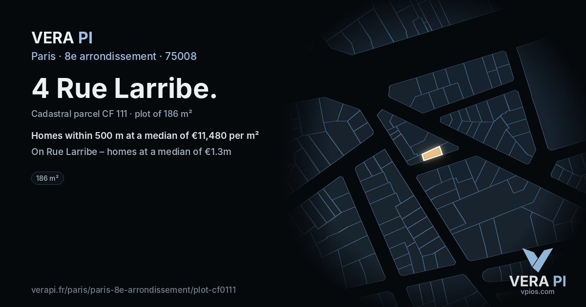 4 Rue Larribe, 8e arrondissement at night – the plot lit, the parcels around coloured by the prices near them