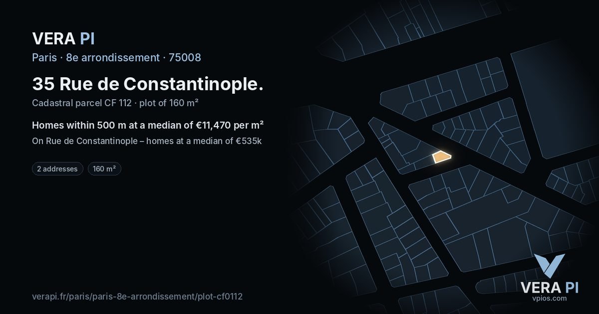 35 Rue de Constantinople, 8e arrondissement at night – the plot lit, the parcels around coloured by the prices near them
