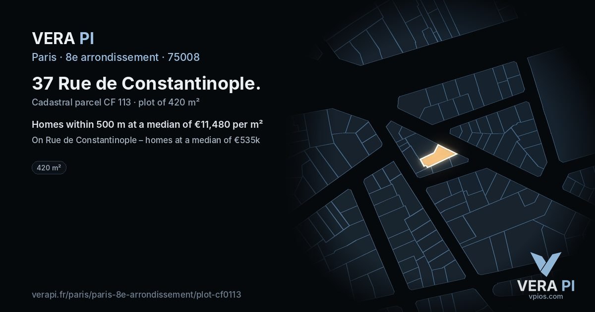 37 Rue de Constantinople, 8e arrondissement at night – the plot lit, the parcels around coloured by the prices near them