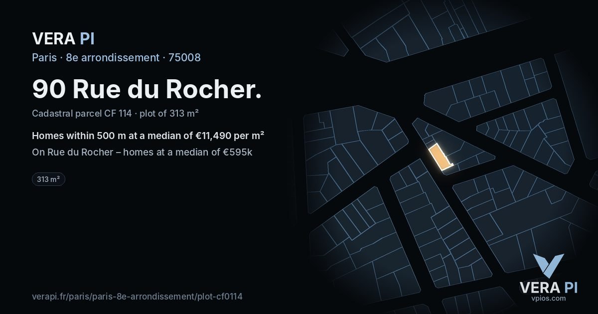 90 Rue du Rocher, 8e arrondissement at night – the plot lit, the parcels around coloured by the prices near them