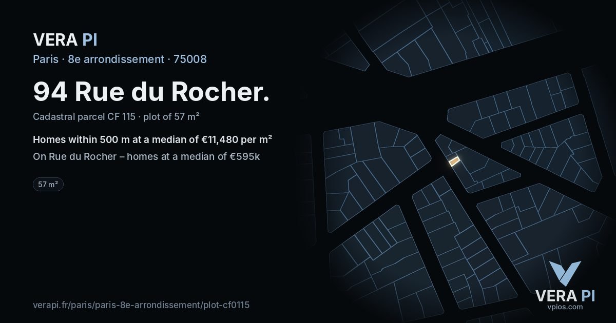 94 Rue du Rocher, 8e arrondissement at night – the plot lit, the parcels around coloured by the prices near them