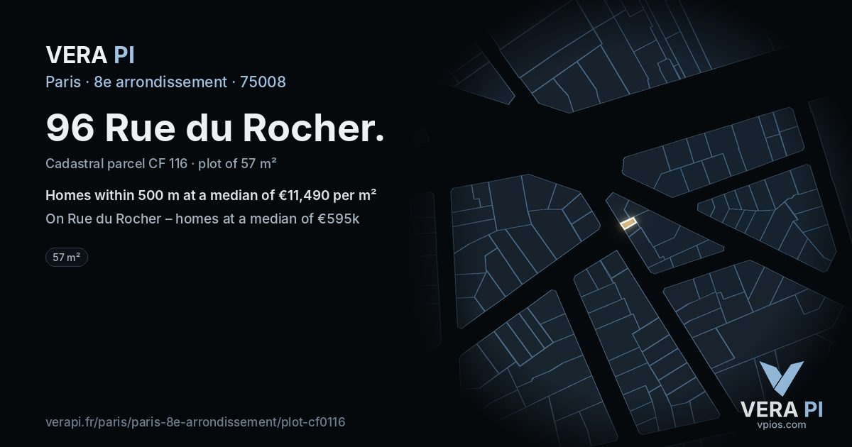 96 Rue du Rocher, 8e arrondissement at night – the plot lit, the parcels around coloured by the prices near them