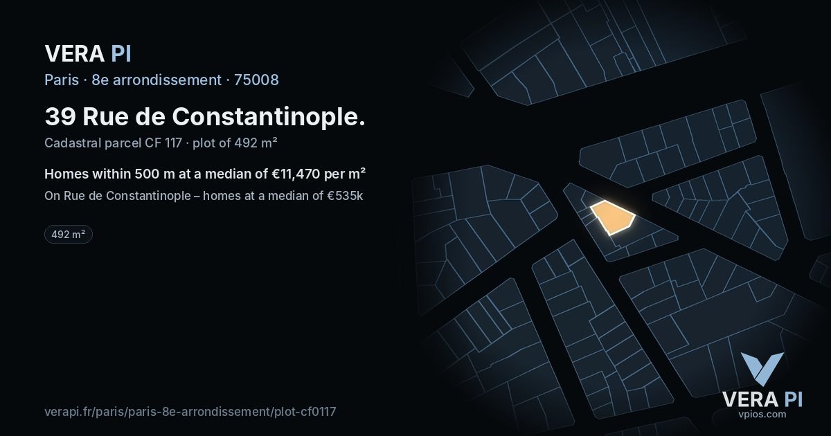 39 Rue de Constantinople, 8e arrondissement at night – the plot lit, the parcels around coloured by the prices near them