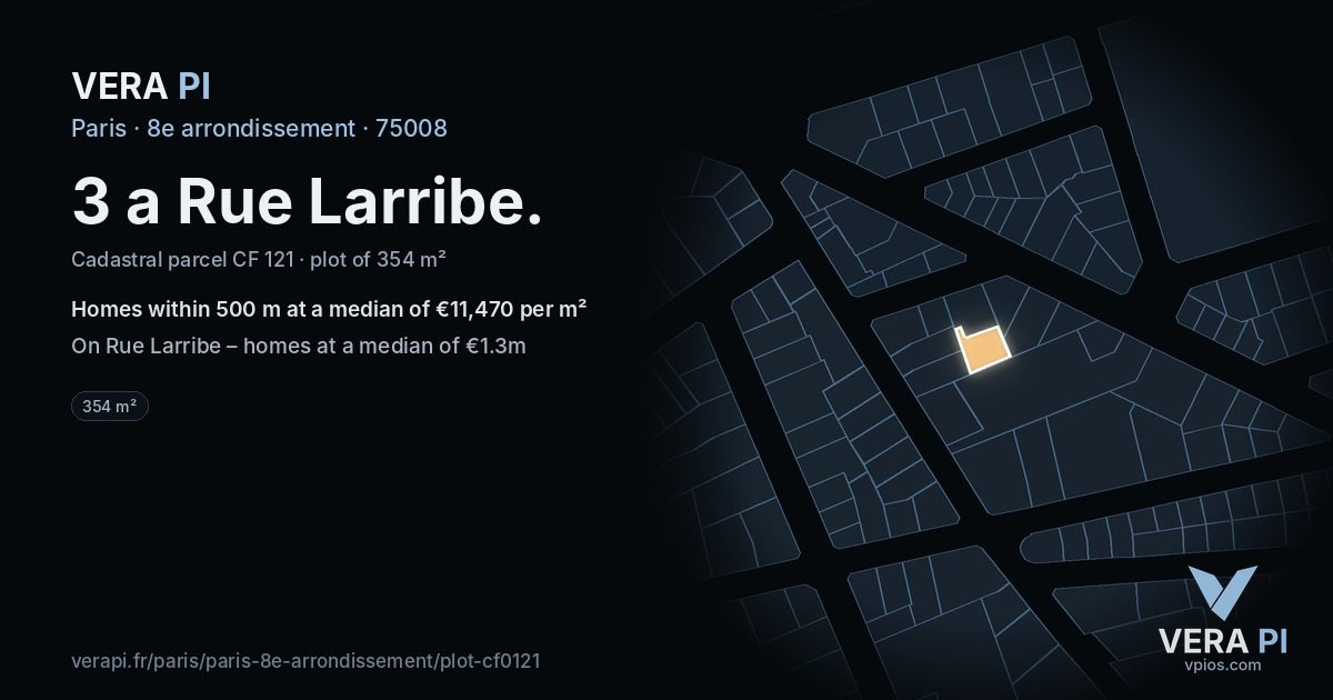 3 a Rue Larribe, 8e arrondissement at night – the plot lit, the parcels around coloured by the prices near them