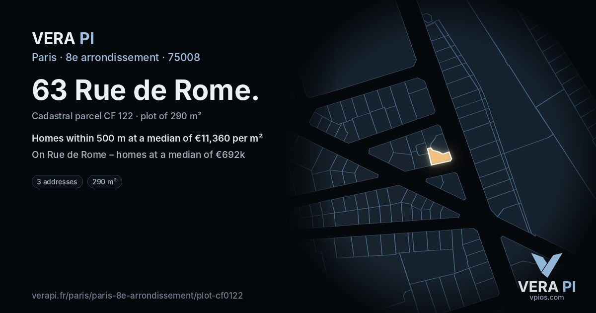 63 Rue de Rome, 8e arrondissement at night – the plot lit, the parcels around coloured by the prices near them
