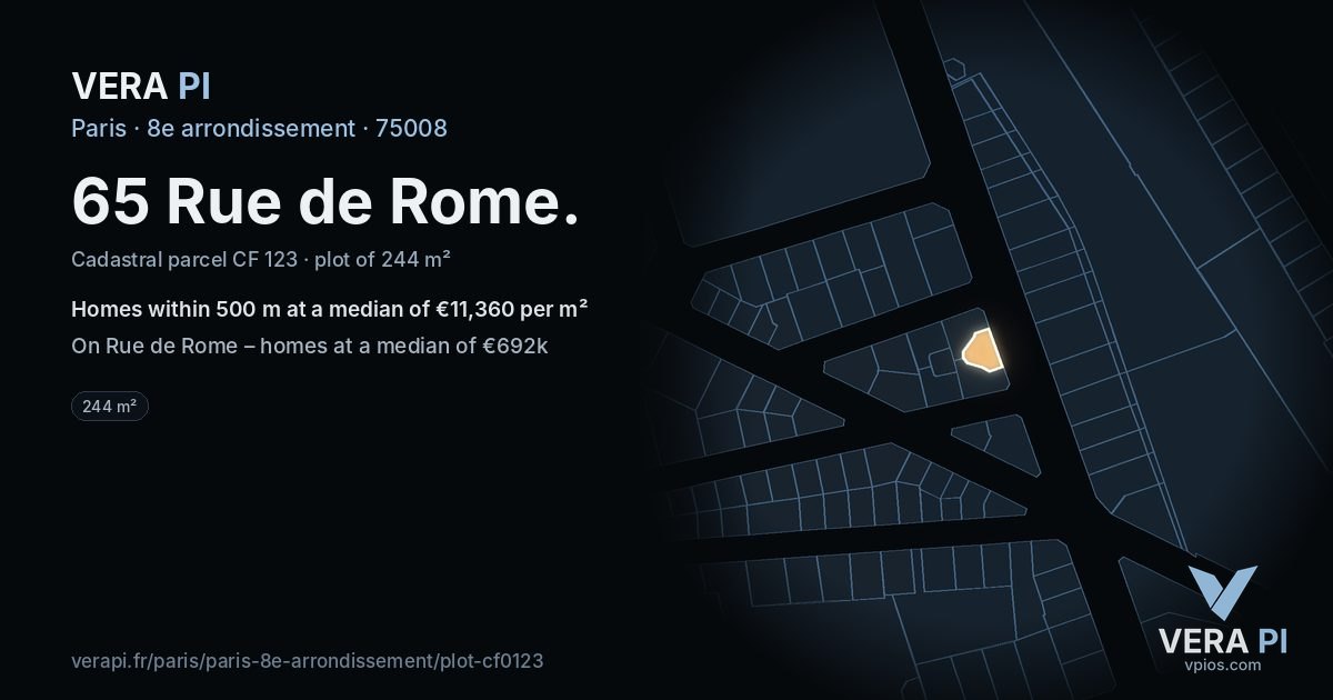 65 Rue de Rome, 8e arrondissement at night – the plot lit, the parcels around coloured by the prices near them