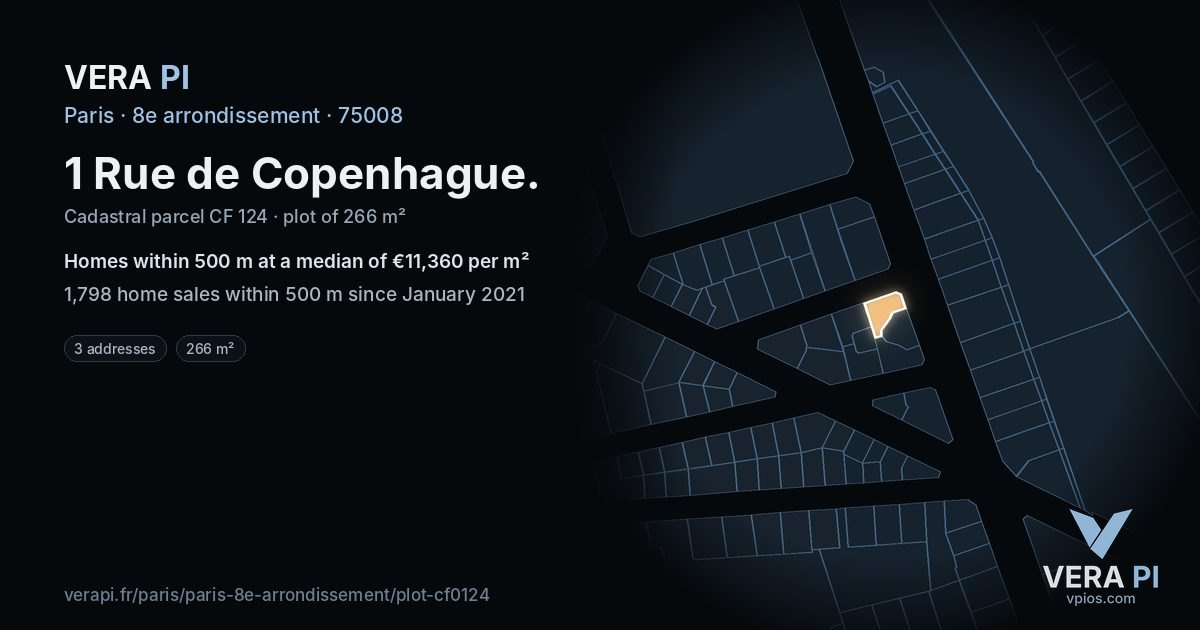 1 Rue de Copenhague, 8e arrondissement at night – the plot lit, the parcels around coloured by the prices near them