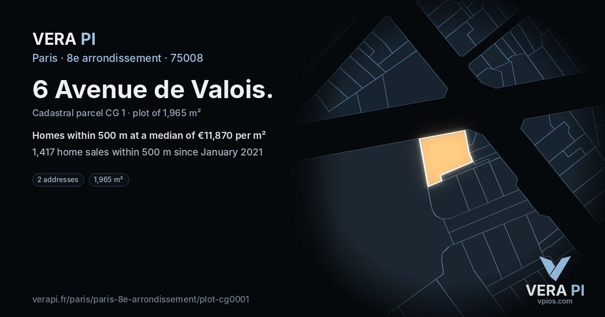 6 Avenue de Valois, 8e arrondissement at night – the plot lit, the parcels around coloured by the prices near them