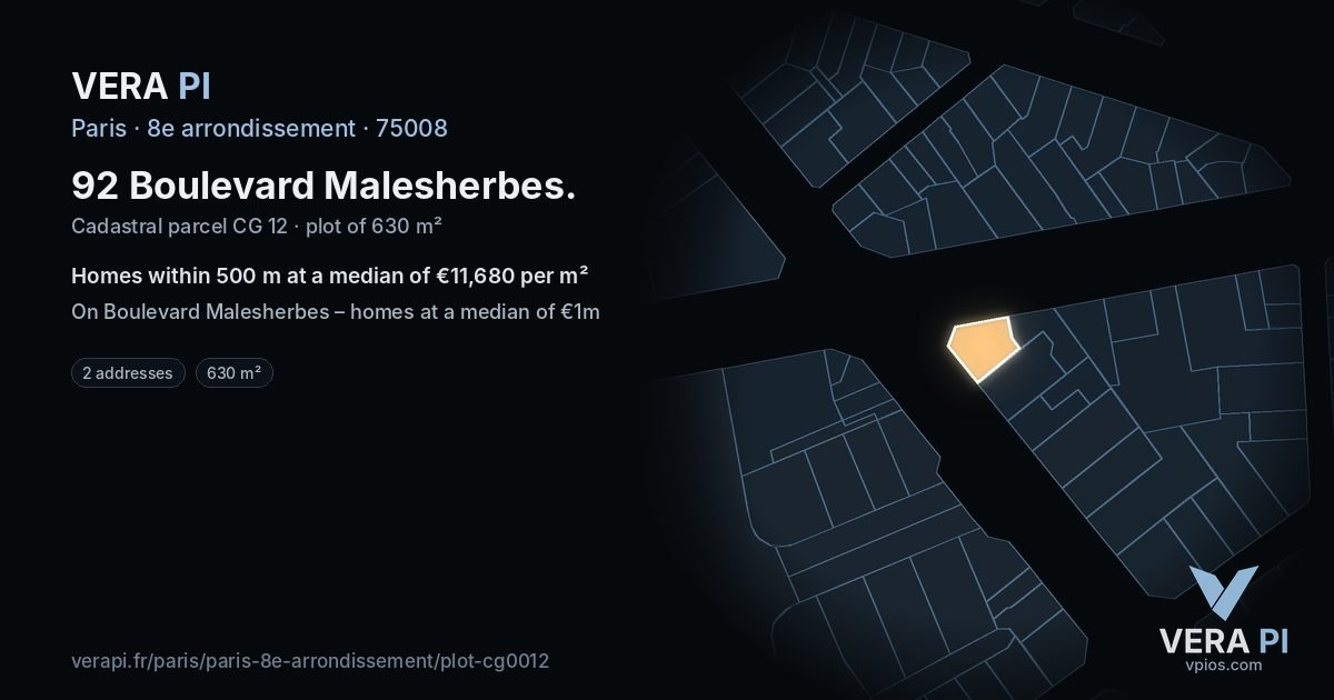 92 Boulevard Malesherbes, 8e arrondissement at night – the plot lit, the parcels around coloured by the prices near them