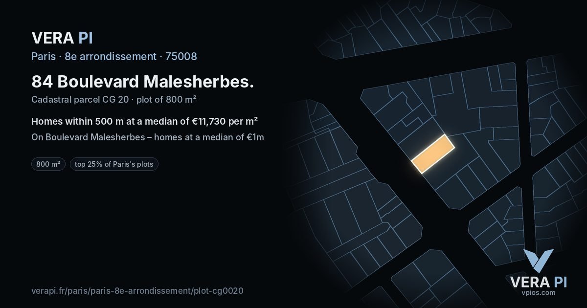 84 Boulevard Malesherbes, 8e arrondissement at night – the plot lit, the parcels around coloured by the prices near them