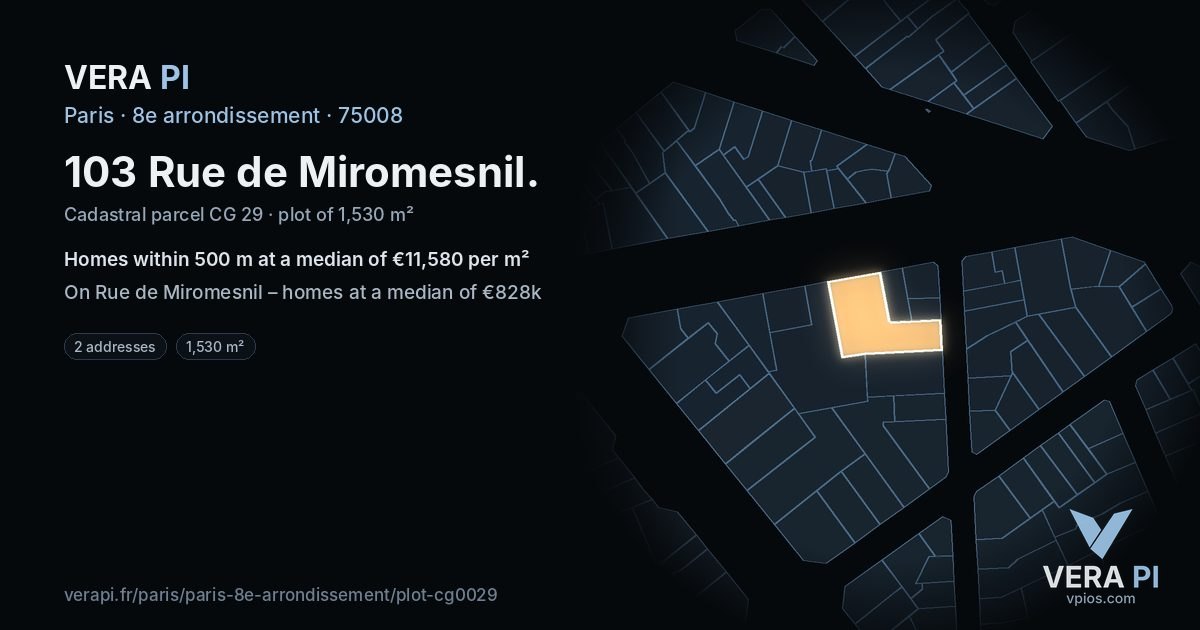 103 Rue de Miromesnil, 8e arrondissement at night – the plot lit, the parcels around coloured by the prices near them