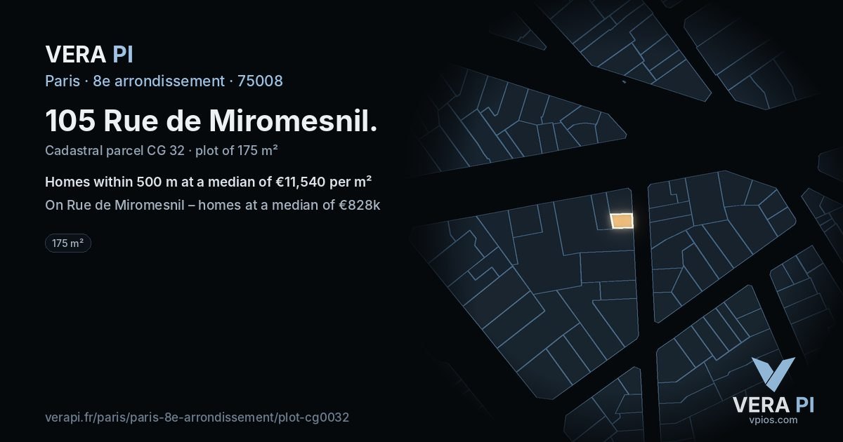 105 Rue de Miromesnil, 8e arrondissement at night – the plot lit, the parcels around coloured by the prices near them