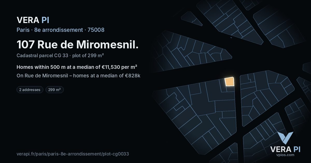107 Rue de Miromesnil, 8e arrondissement at night – the plot lit, the parcels around coloured by the prices near them
