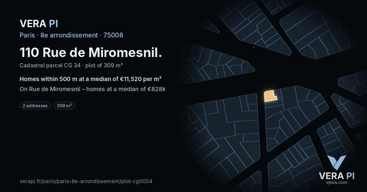 110 Rue de Miromesnil, 8e arrondissement at night – the plot lit, the parcels around coloured by the prices near them