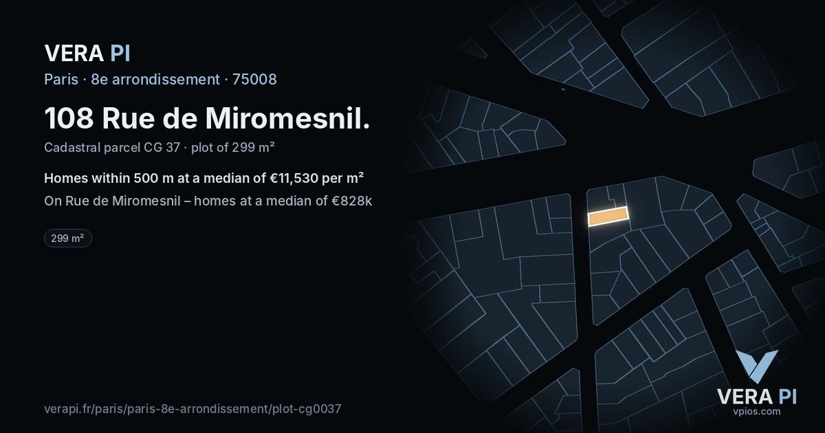 108 Rue de Miromesnil, 8e arrondissement at night – the plot lit, the parcels around coloured by the prices near them