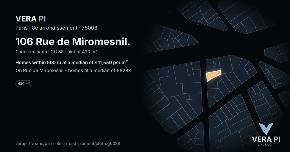 106 Rue de Miromesnil, 8e arrondissement at night – the plot lit, the parcels around coloured by the prices near them