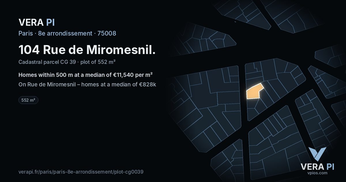 104 Rue de Miromesnil, 8e arrondissement at night – the plot lit, the parcels around coloured by the prices near them