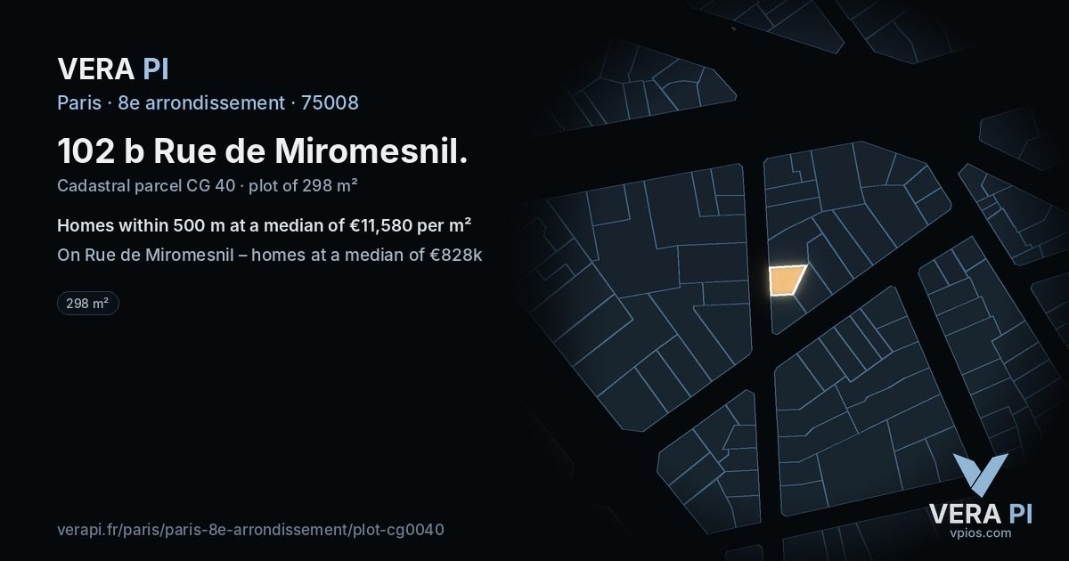 102 b Rue de Miromesnil, 8e arrondissement at night – the plot lit, the parcels around coloured by the prices near them