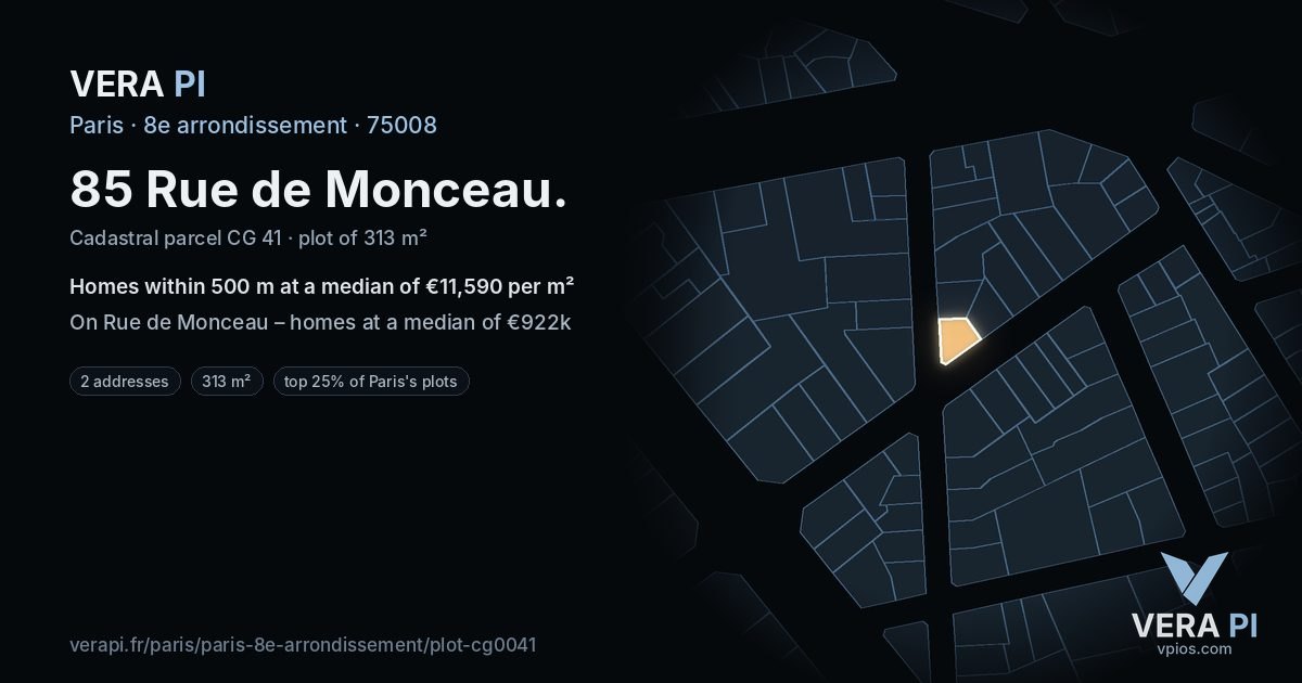 85 Rue de Monceau, 8e arrondissement at night – the plot lit, the parcels around coloured by the prices near them