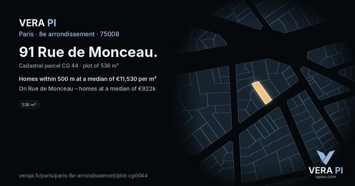 91 Rue de Monceau, 8e arrondissement at night – the plot lit, the parcels around coloured by the prices near them