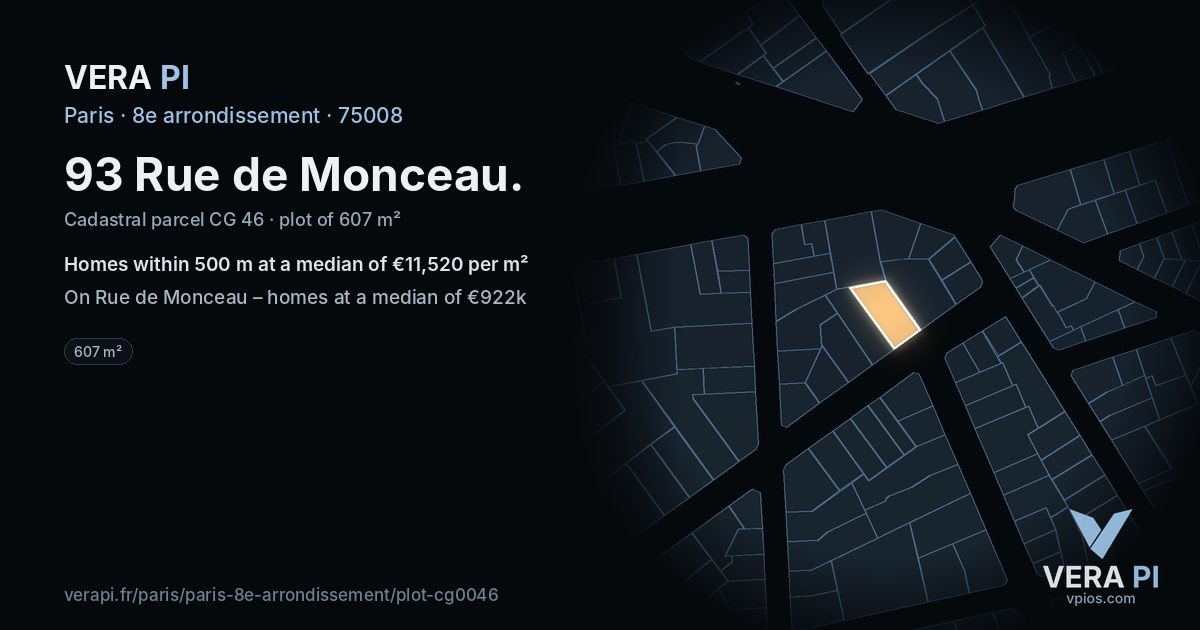 93 Rue de Monceau, 8e arrondissement at night – the plot lit, the parcels around coloured by the prices near them